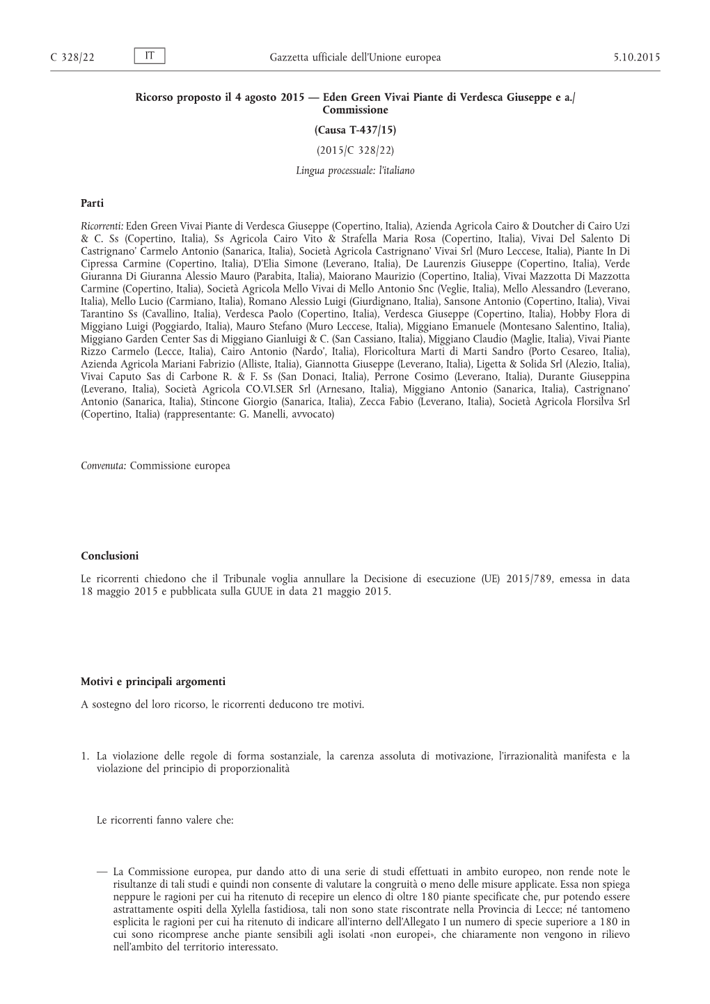 Causa T-437/15: Ricorso Proposto Il 4 Agosto 2015 — Eden Green Vivai Piante Di Verdesca Giuseppe E A./Commissione