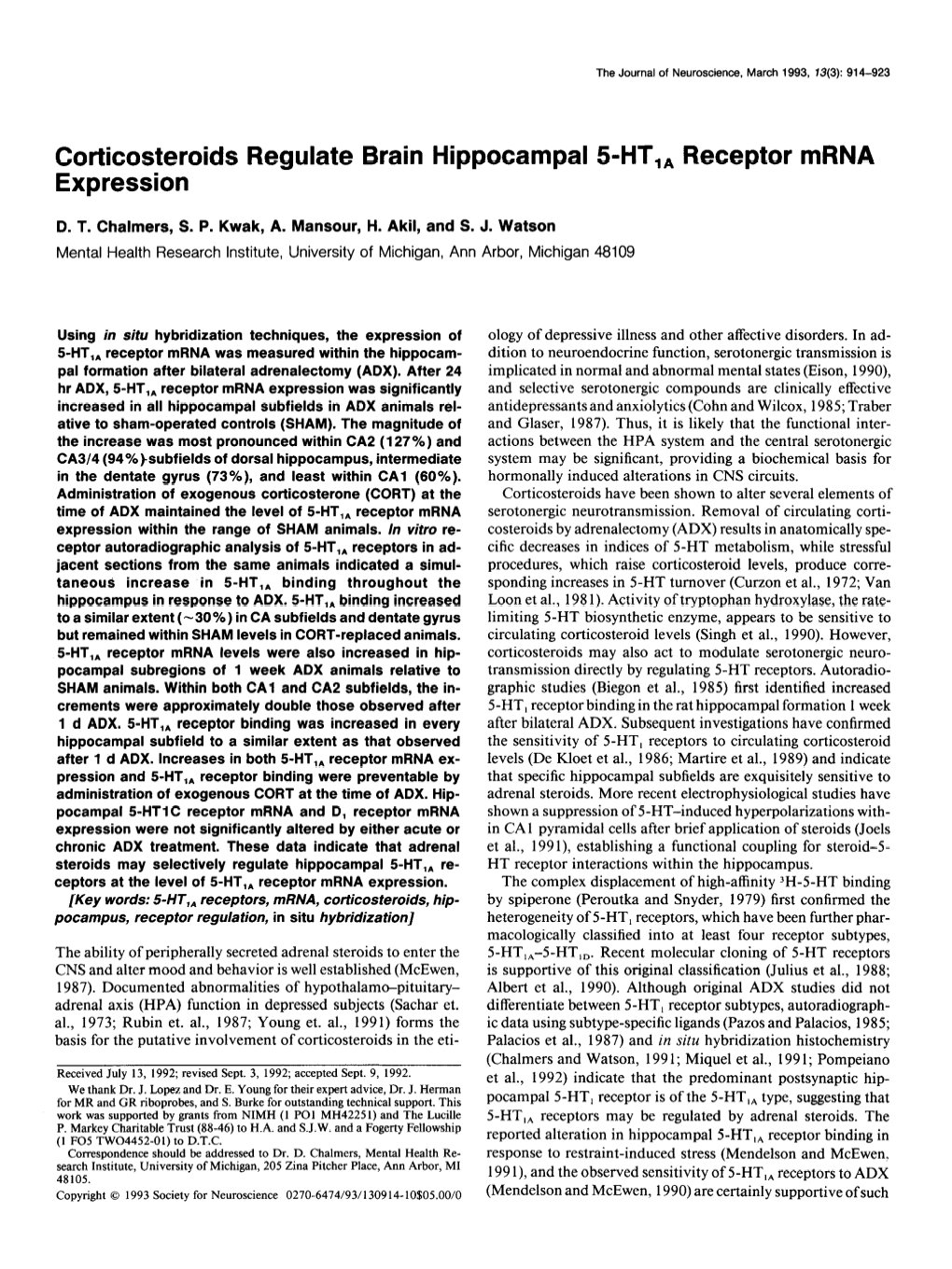 Corticosteroids Regulate Brain Hippocampal SHT,, Receptor Mrna Expression