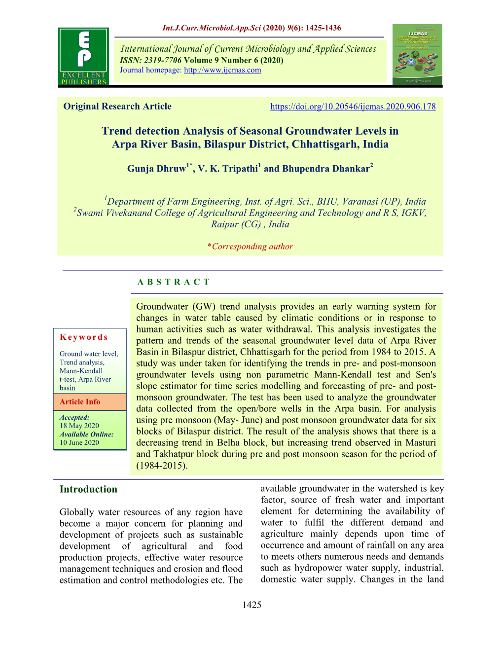 Trend Detection Analysis of Seasonal Groundwater Levels in Arpa River Basin, Bilaspur District, Chhattisgarh, India