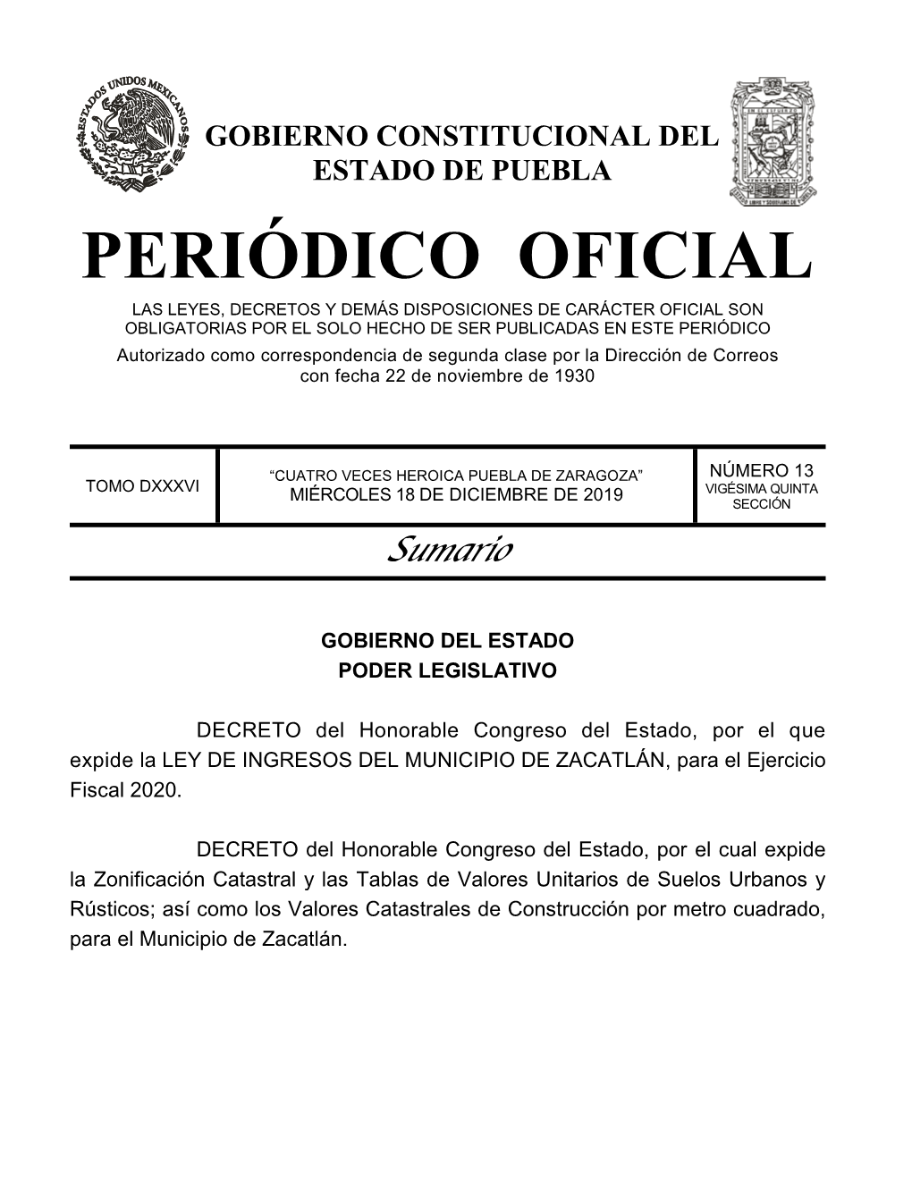 LEY DE INGRESOS DEL MUNICIPIO DE ZACATLÁN, Para El Ejercicio Fiscal 2020