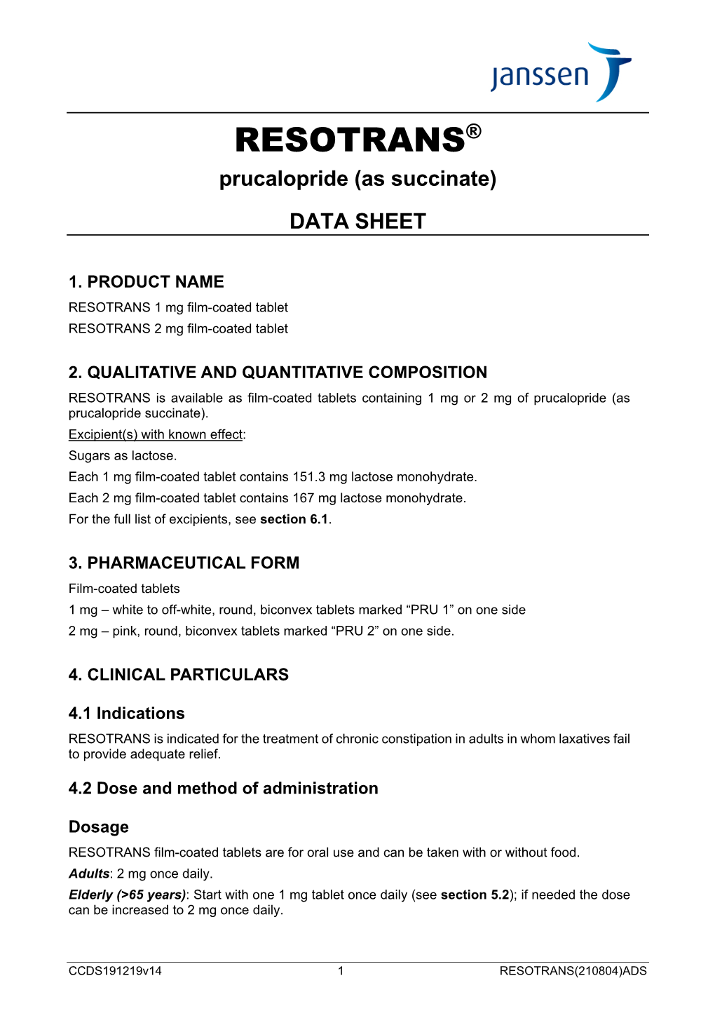 RESOTRANS® Prucalopride (As Succinate) DATA SHEET