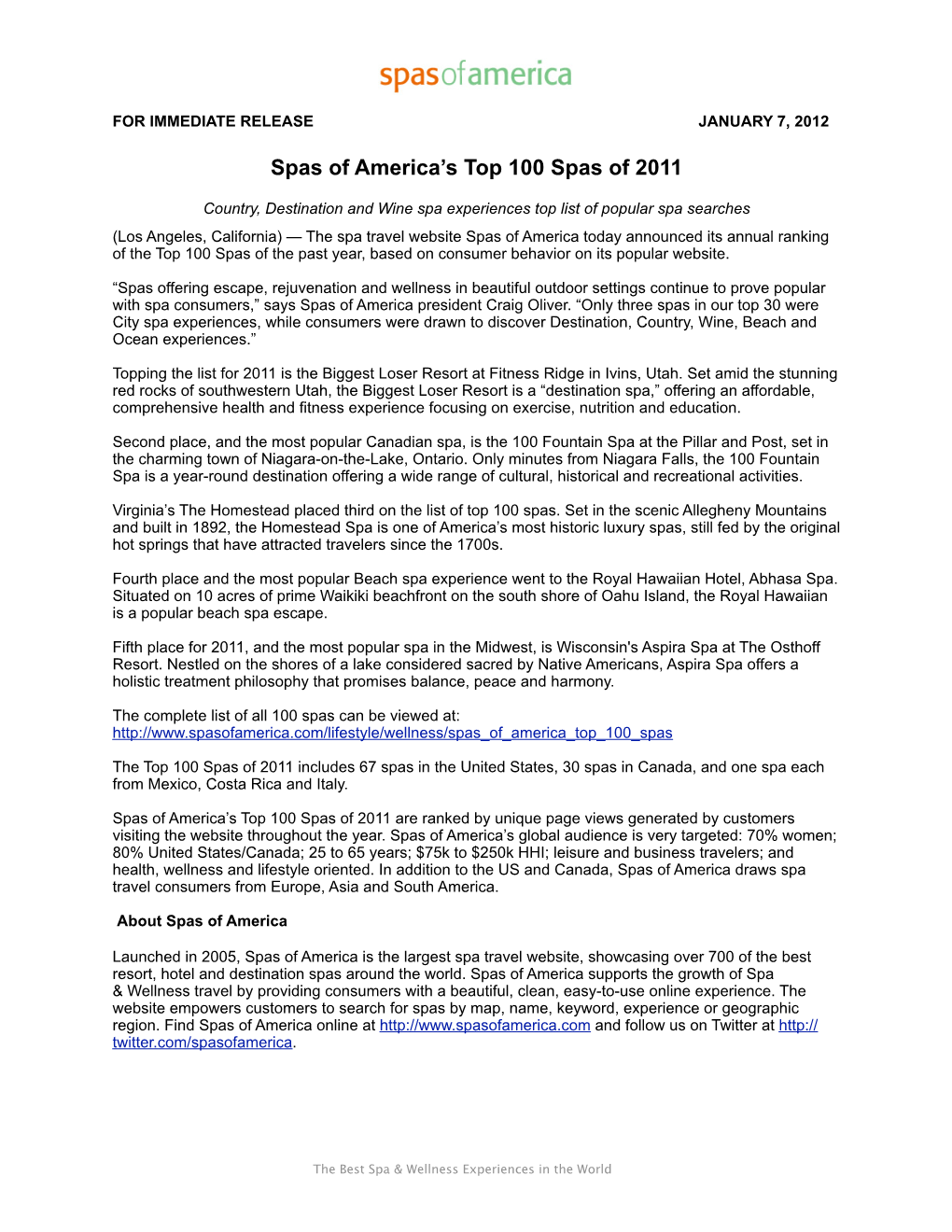 Press Release, Top 100 Spas of 2011