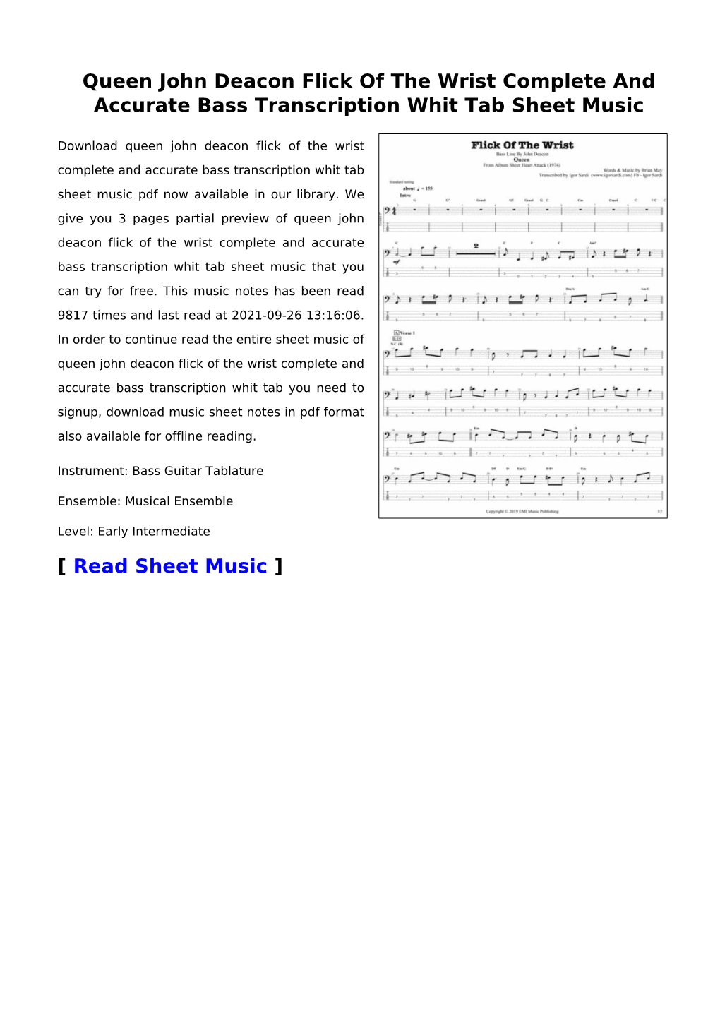 Queen John Deacon Flick of the Wrist Complete and Accurate Bass Transcription Whit Tab Sheet Music