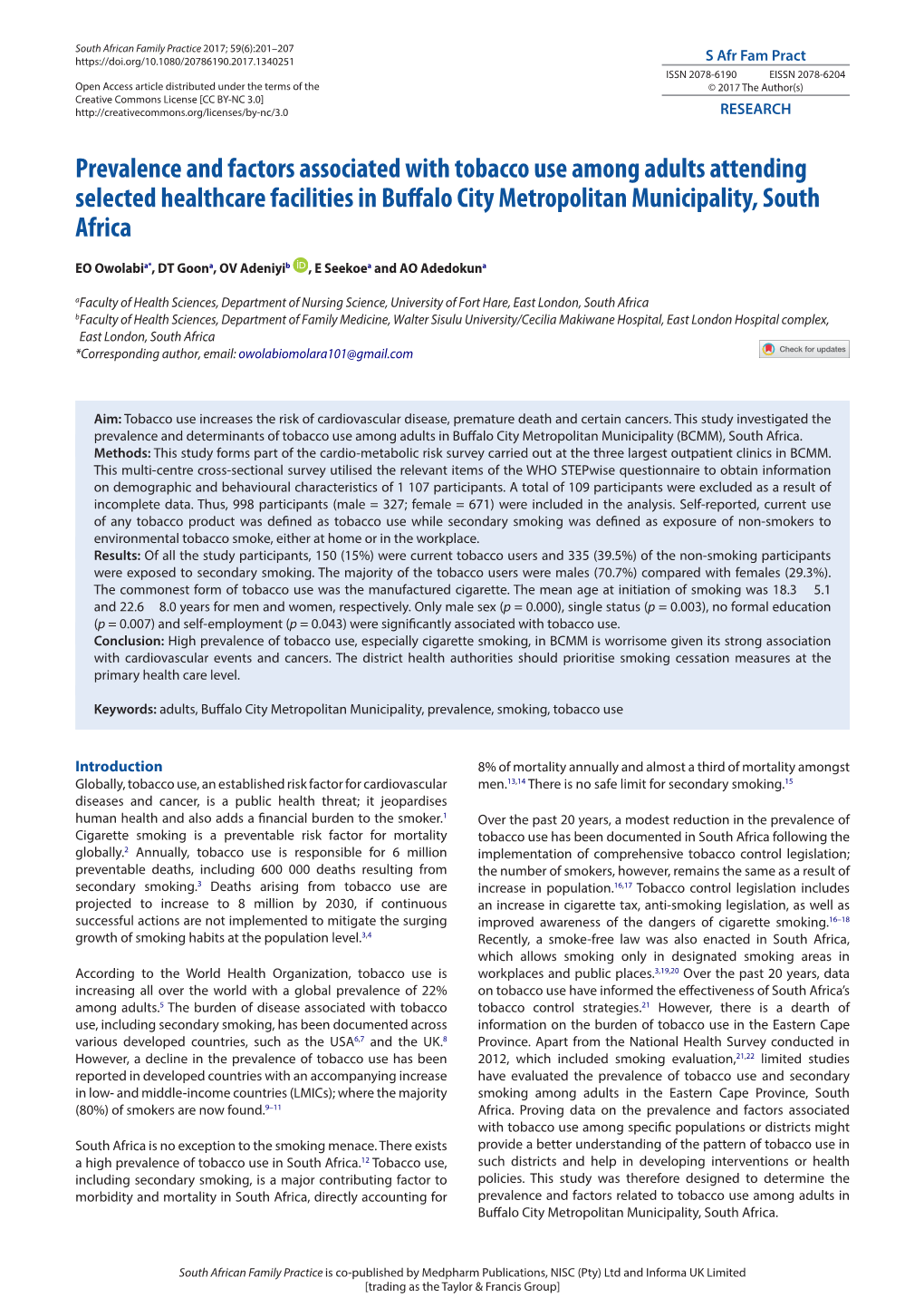 Prevalence and Factors Associated with Tobacco Use Among Adults Attending Selected Healthcare Facilities in Buffalo City Metropolitan Municipality, South Africa