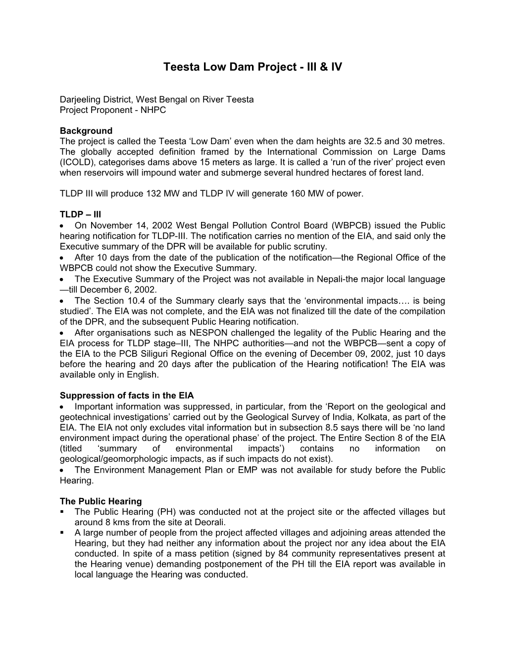 A Note on Teesta Low Dam Project-Stage III & IV