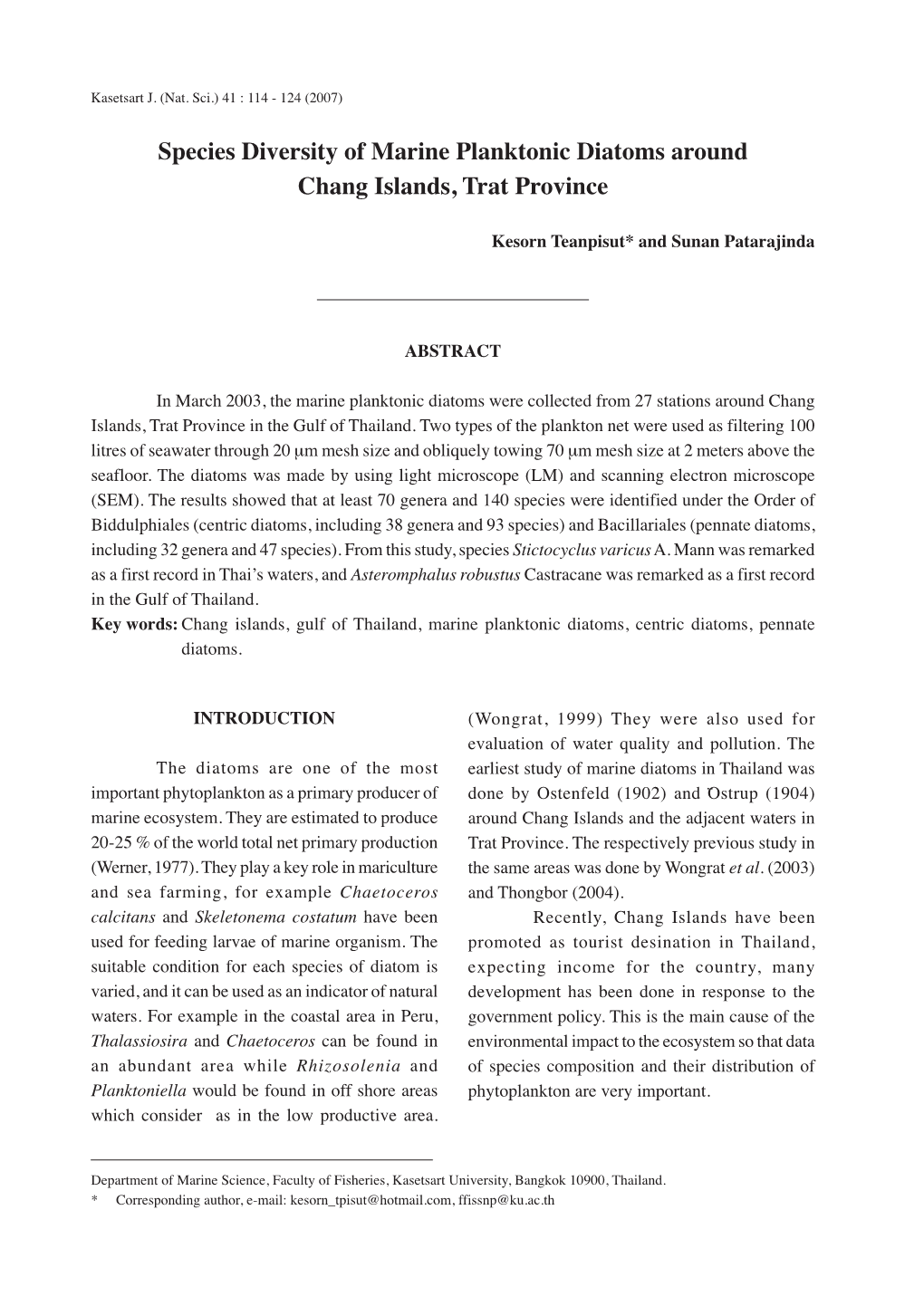 Species Diversity of Marine Planktonic Diatoms Around Chang Islands, Trat Province