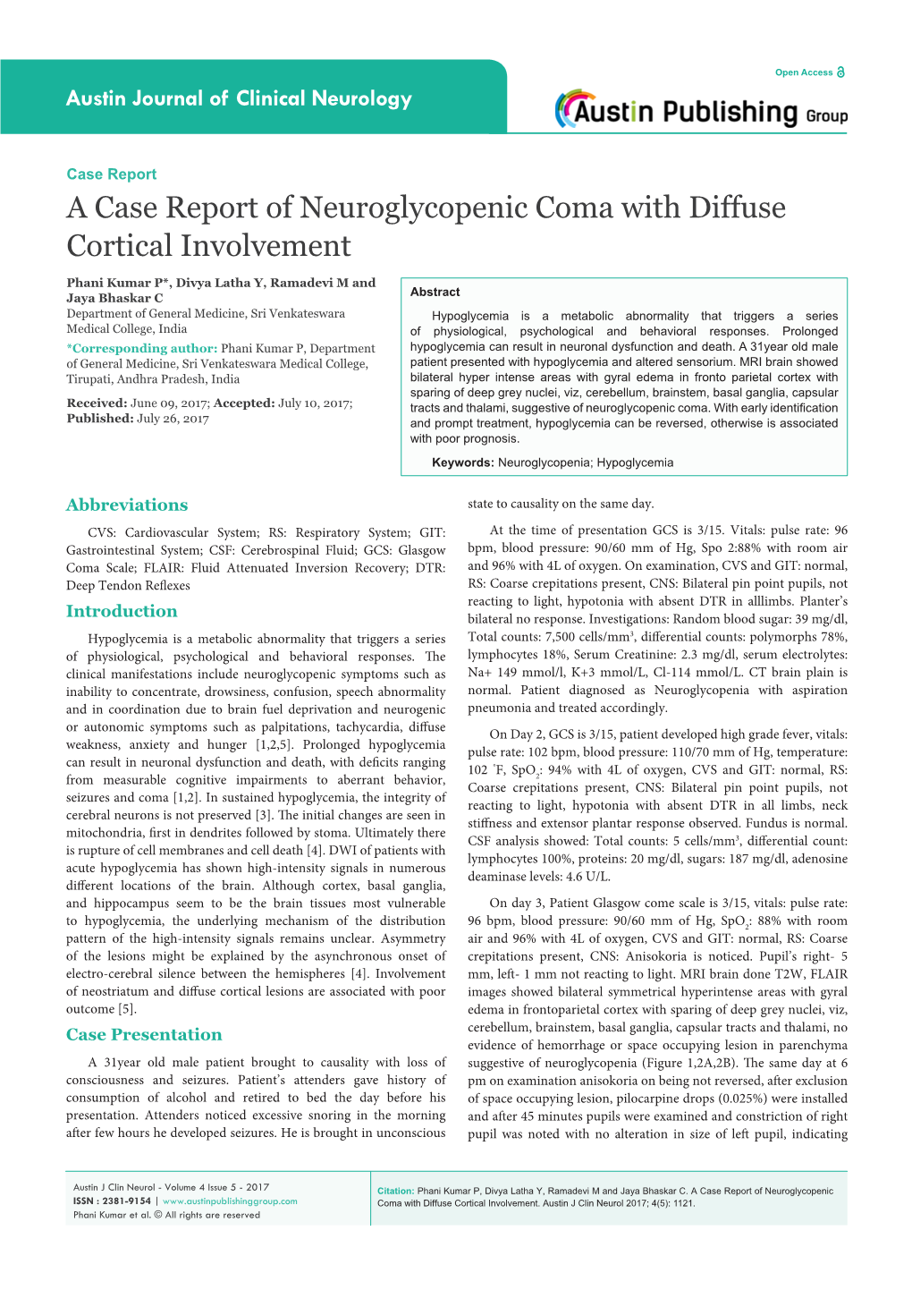 A Case Report of Neuroglycopenic Coma with Diffuse Cortical Involvement