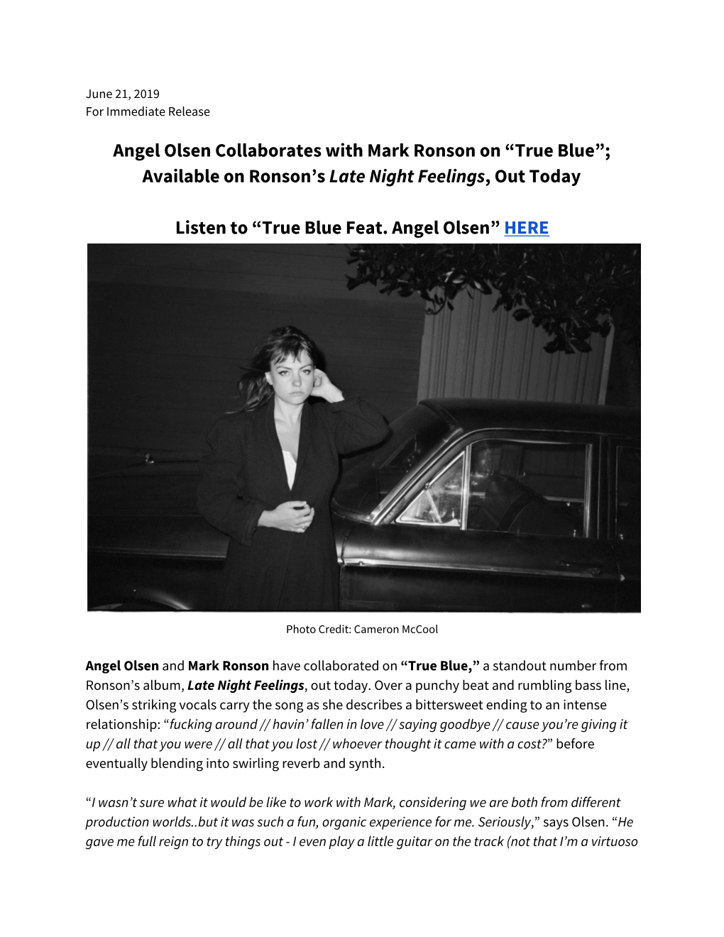 Angel Olsen Collaborates with Mark Ronson on “True Blue”; Available on Ronson’S Late Night Feelings, out Today ​ ​