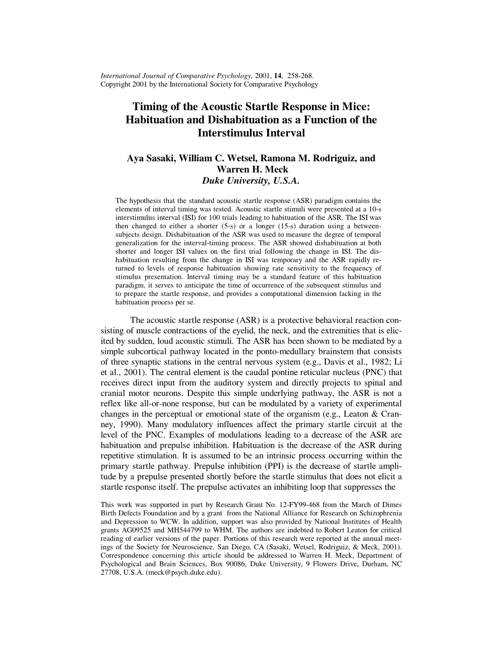 Timing of the Acoustic Startle Response in Mice: Habituation and Dishabituation As a Function of the Interstimulus Interval