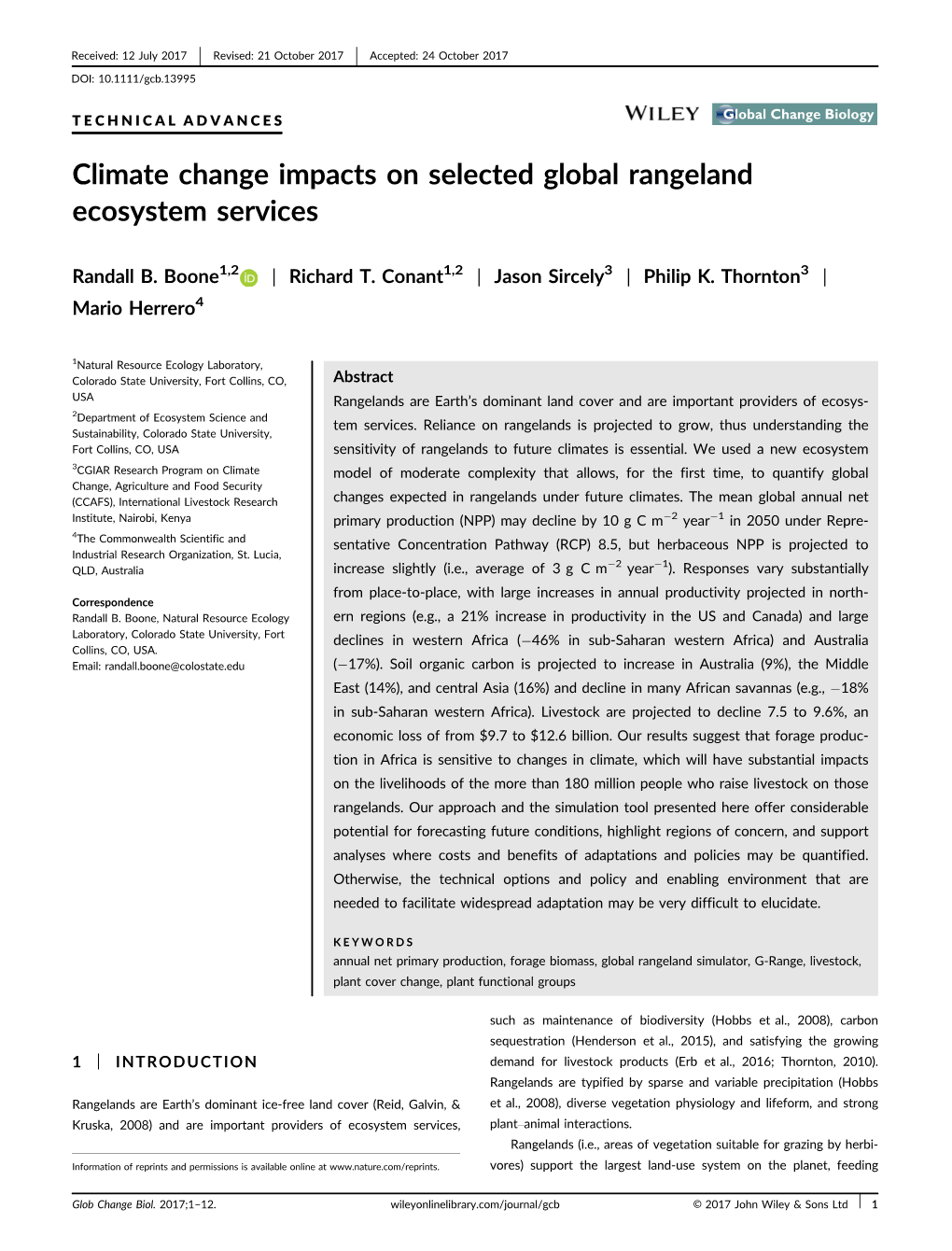 Climate Change Impacts on Selected Global Rangeland Ecosystem Services