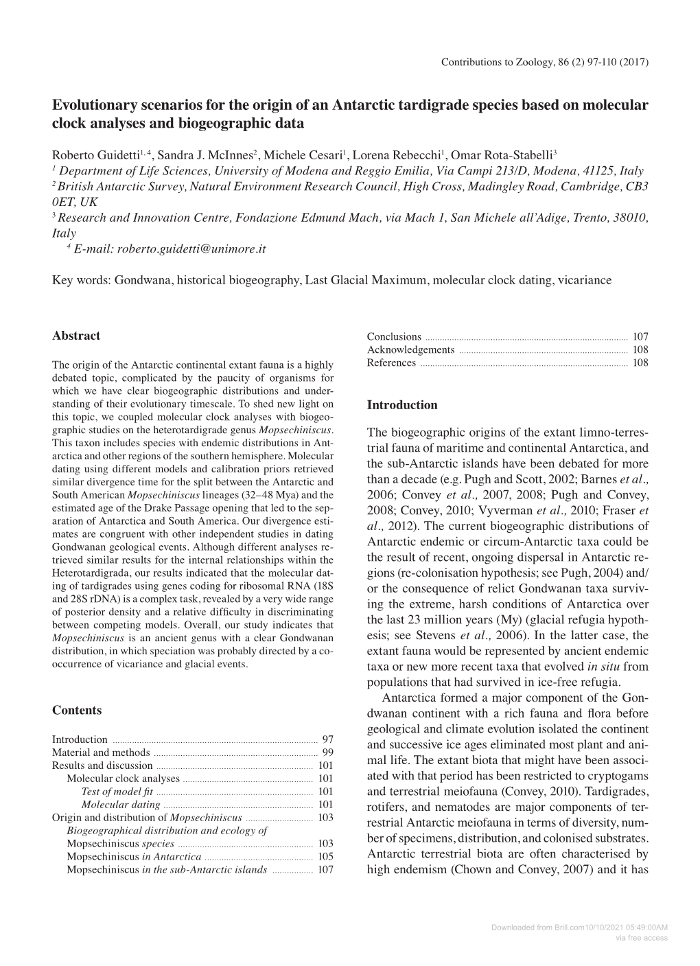 Evolutionary Scenarios for the Origin of an Antarctic Tardigrade Species Based on Molecular Clock Analyses and Biogeographic Data