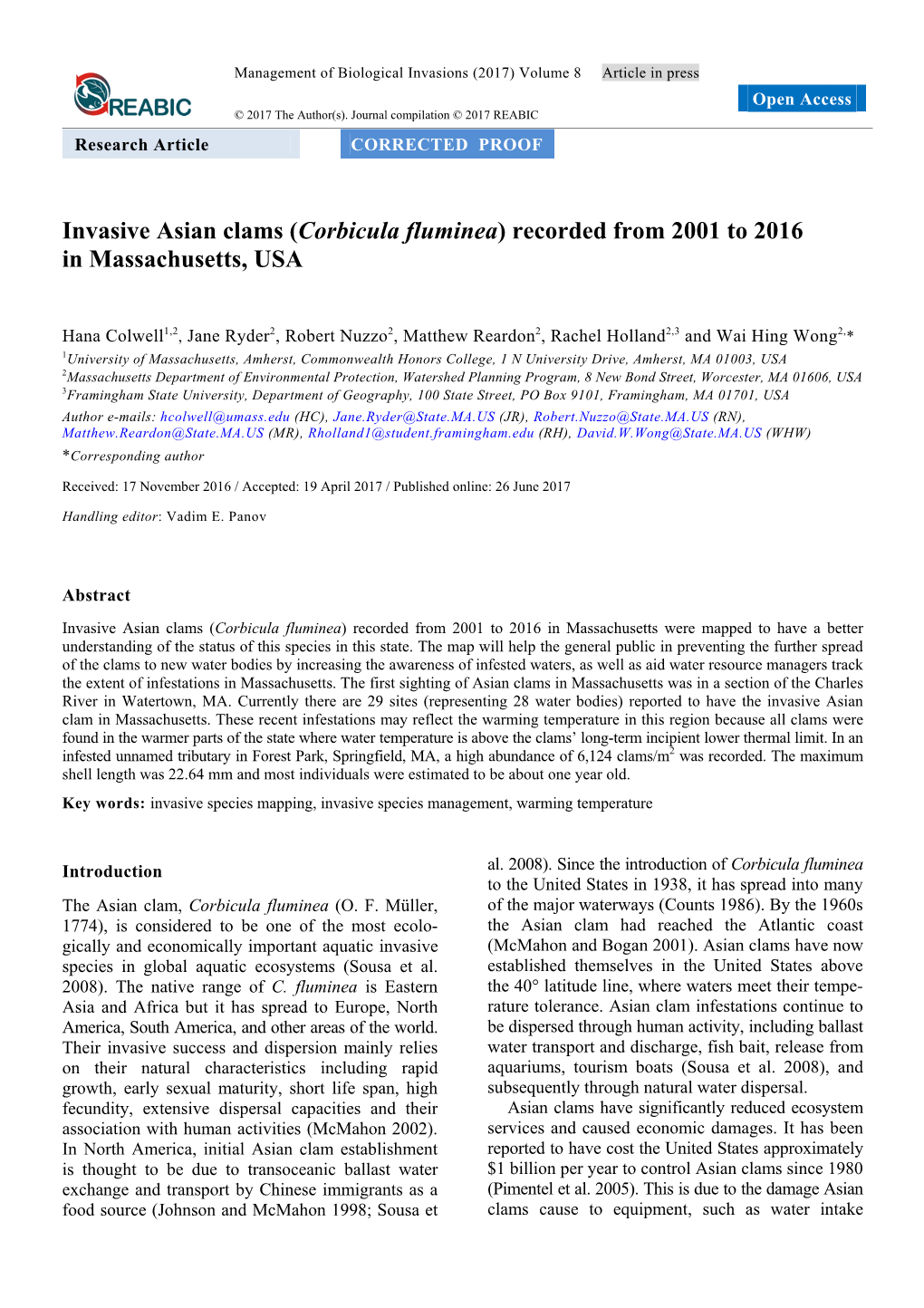 Corbicula Fluminea) Recorded from 2001 to 2016 in Massachusetts, USA