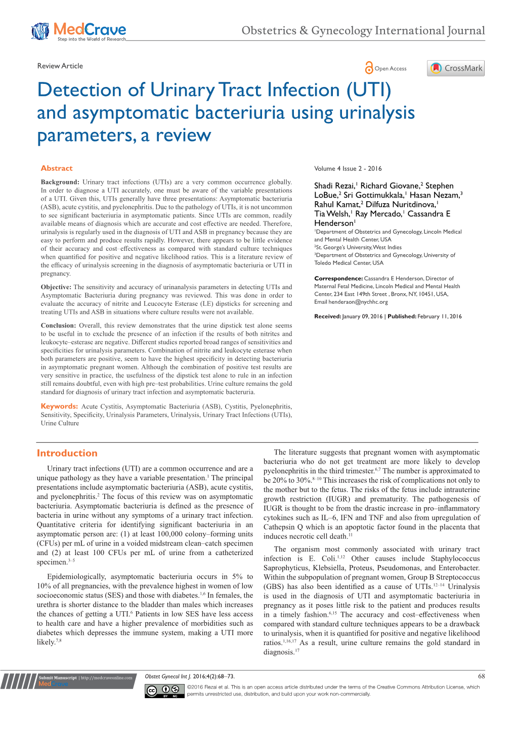 (UTI) and Asymptomatic Bacteriuria Using Urinalysis Parameters, a Review