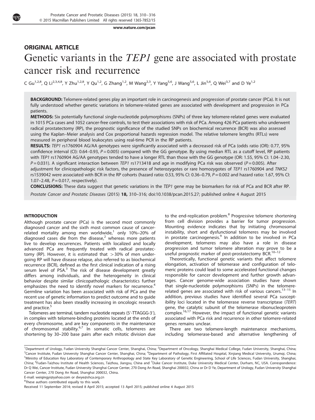 Genetic Variants in the TEP1 Gene Are Associated with Prostate Cancer Risk and Recurrence