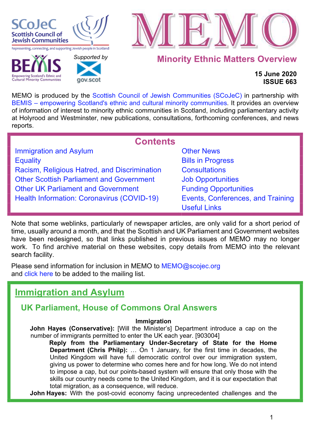 MEMO Is Produced by the Scottish Council of Jewish Communities (Scojec) in Partnership with BEMIS – Empowering Scotland's Ethnic and Cultural Minority Communities