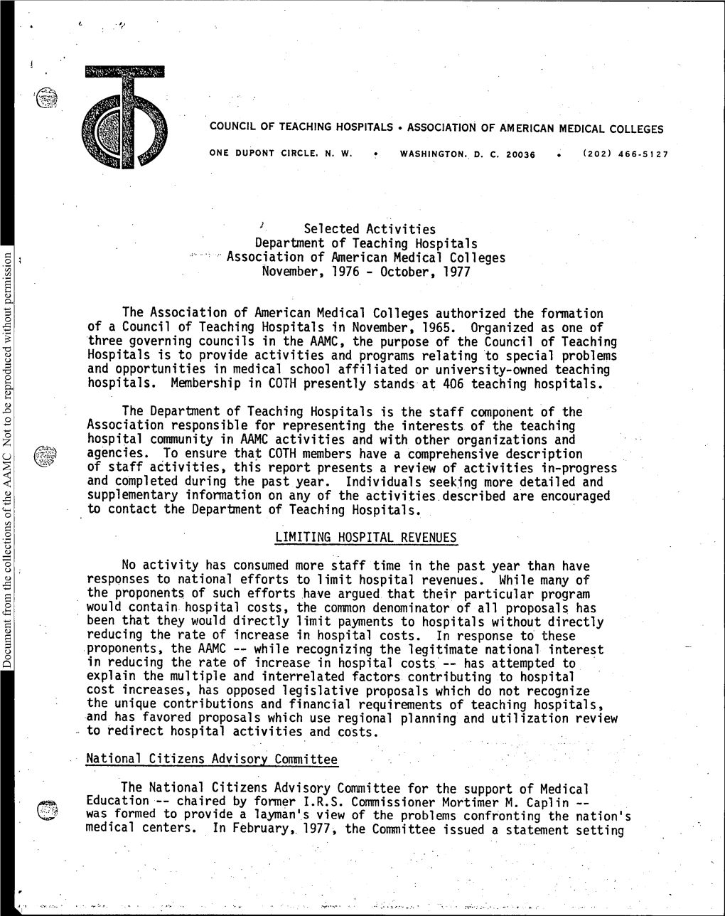 Selected Activities Department of Teaching Hospitals - Association of American Medical Colleges November, 1976 - October, 1977