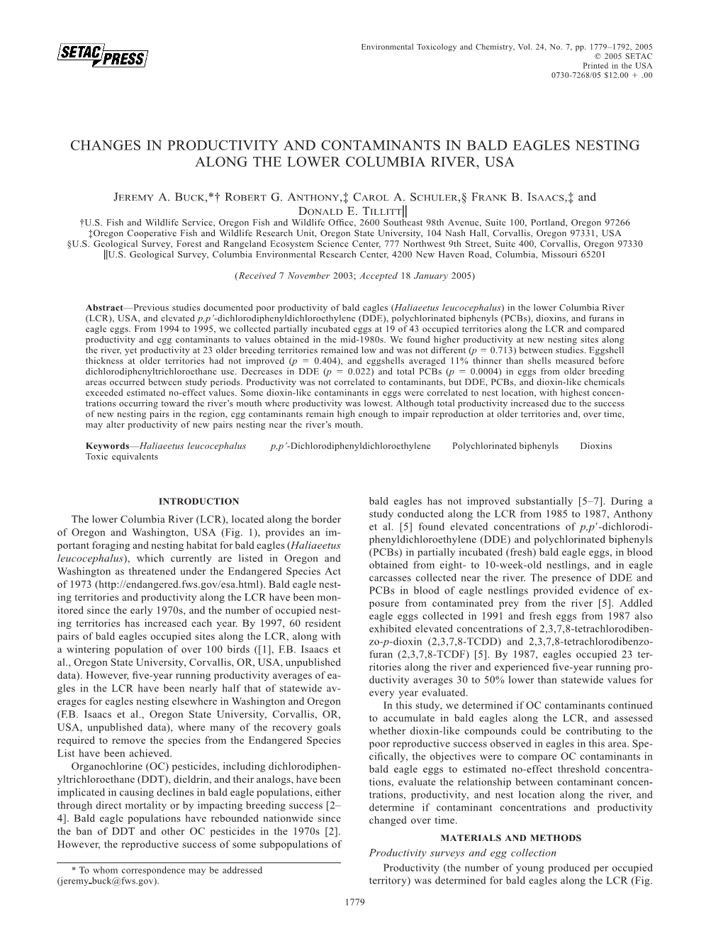 Changes in Productivity and Contaminants in Bald Eagles Nesting Along the Lower Columbia River, Usa