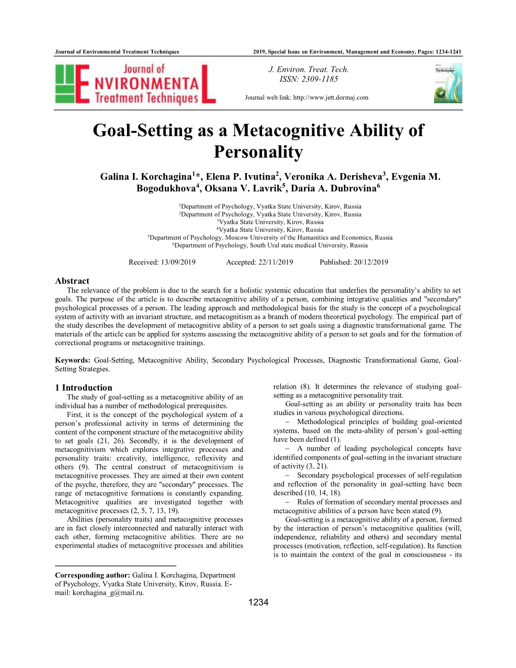 Goal-Setting As a Metacognitive Ability of Personality