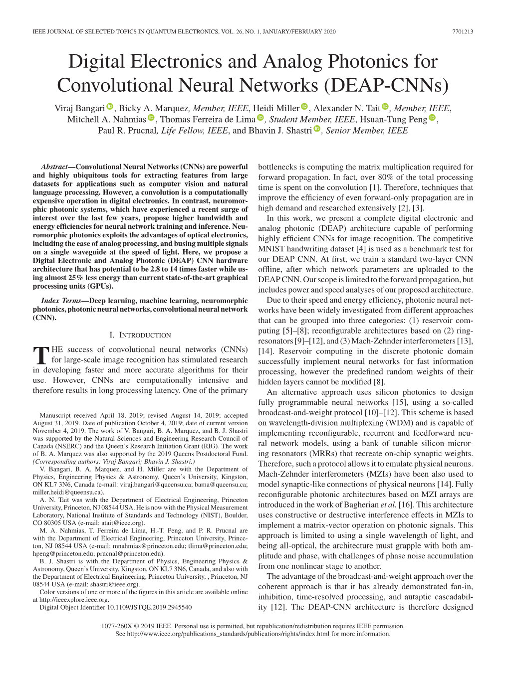 Digital Electronics and Analog Photonics for Convolutional Neural Networks (DEAP-Cnns) Viraj Bangari , Bicky A