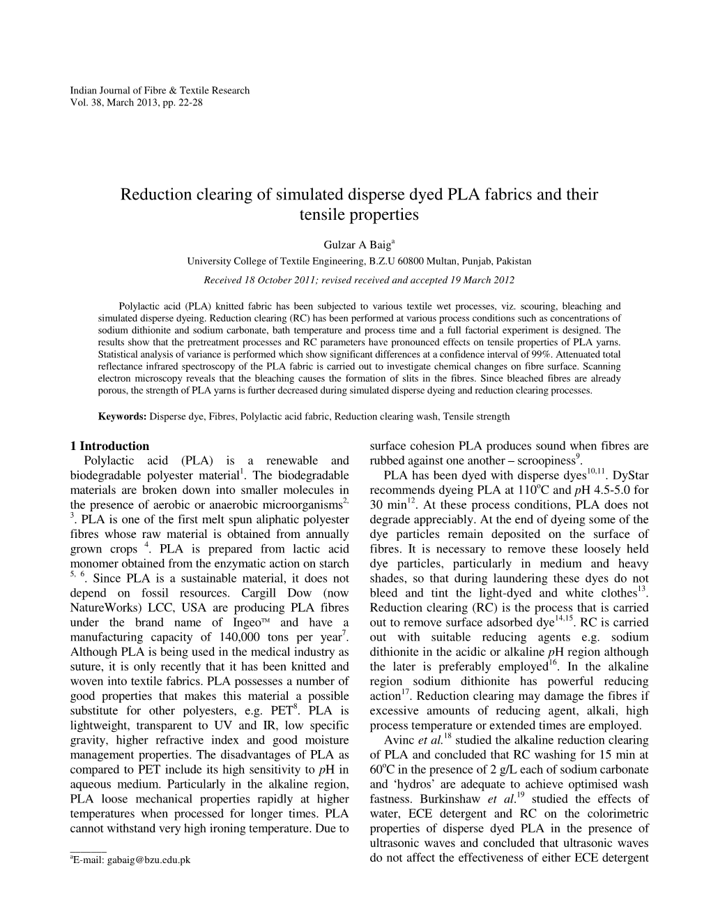 Reduction Clearing of Simulated Disperse Dyed PLA Fabrics and Their Tensile Properties