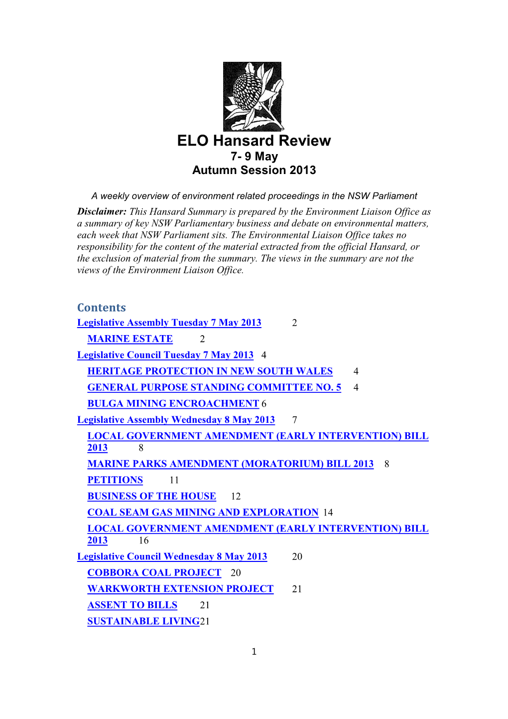 ELO Hansard Review 7- 9 May Autumn Session 2013