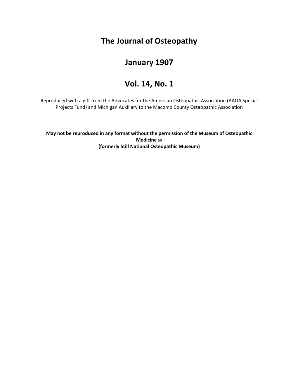 The Journal of Osteopathy January 1907 Vol. 14, No. 1