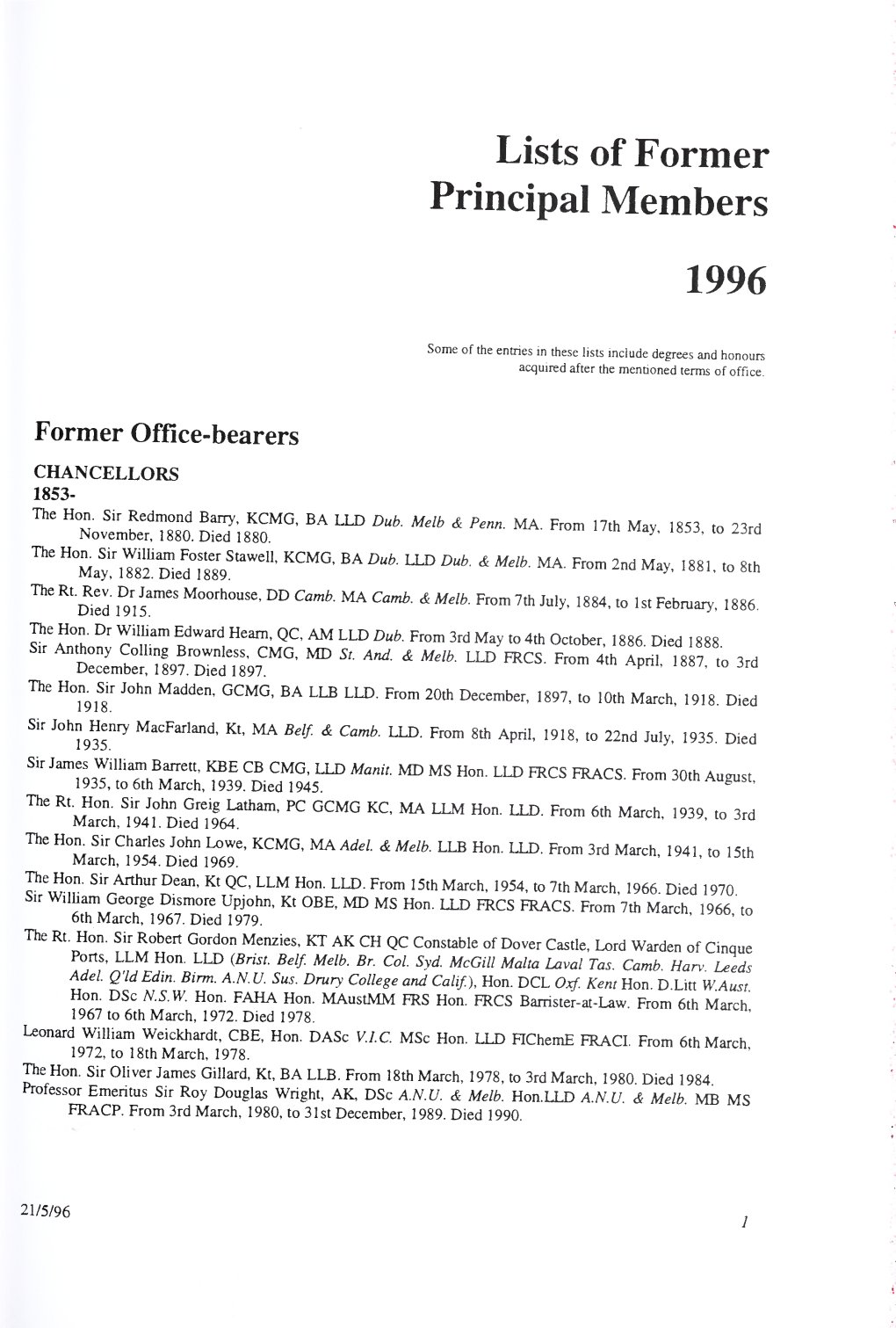 Lists of Former Principal Members 1996 Contents