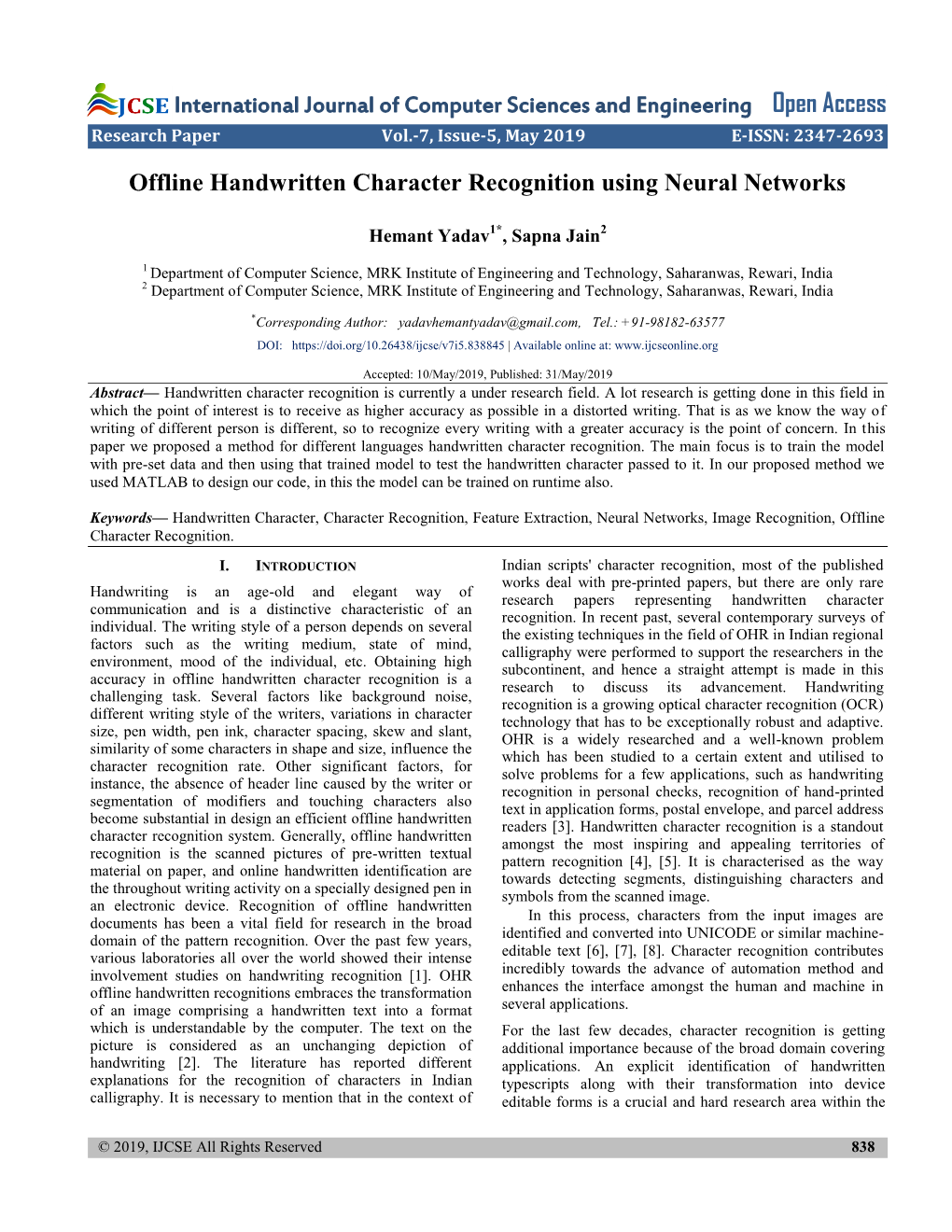 Offline Handwritten Character Recognition Using Neural Networks