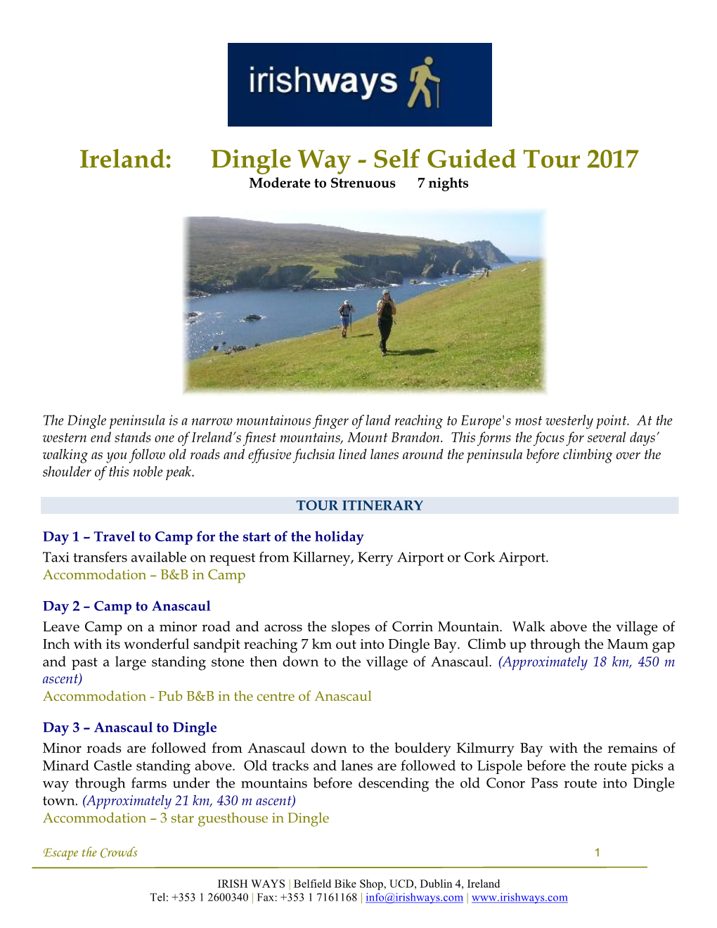 Dingle Way - Self Guided Tour 2017 Moderate to Strenuous 7 Nights