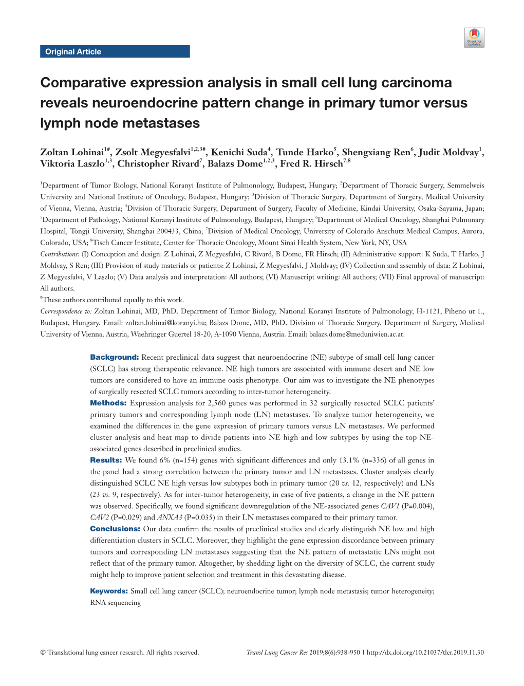 Comparative Expression Analysis in Small Cell Lung Carcinoma Reveals Neuroendocrine Pattern Change in Primary Tumor Versus Lymph Node Metastases