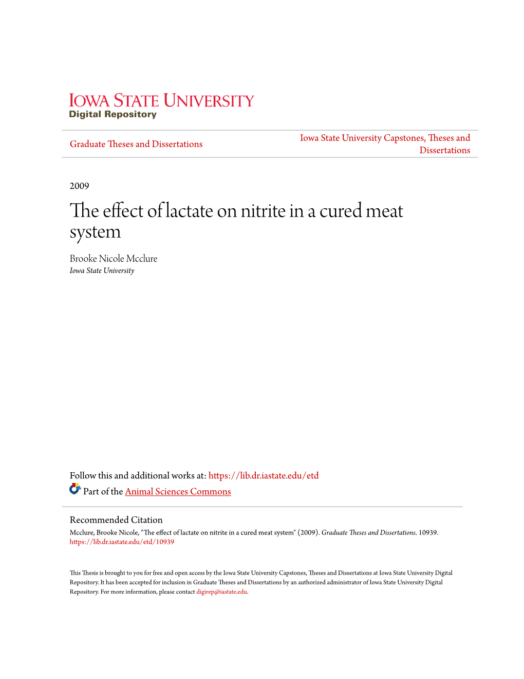 The Effect of Lactate on Nitrite in a Cured Meat System Brooke Nicole Mcclure Iowa State University