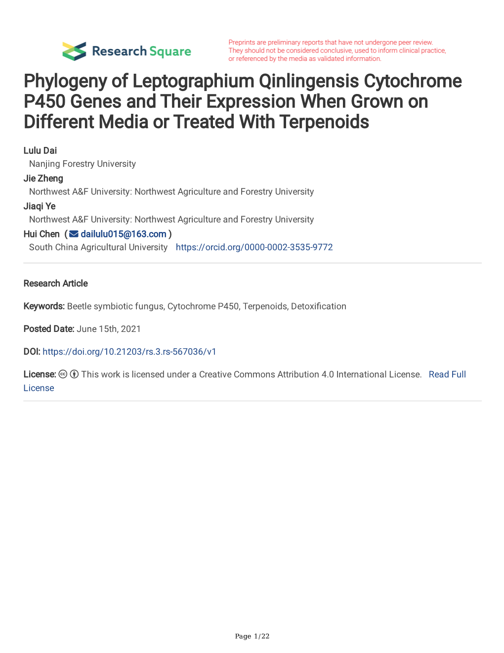 Phylogeny of Leptographium Qinlingensis Cytochrome P450 Genes and Their Expression When Grown on Different Media Or Treated with Terpenoids