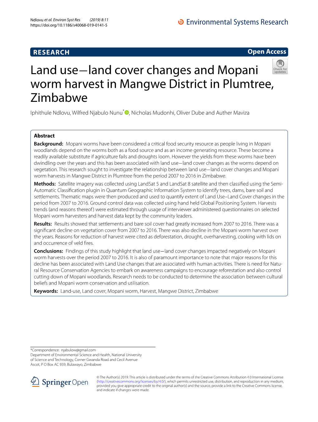 Land Use-Land Cover Changes and Mopani Worm Harvest in Mangwe