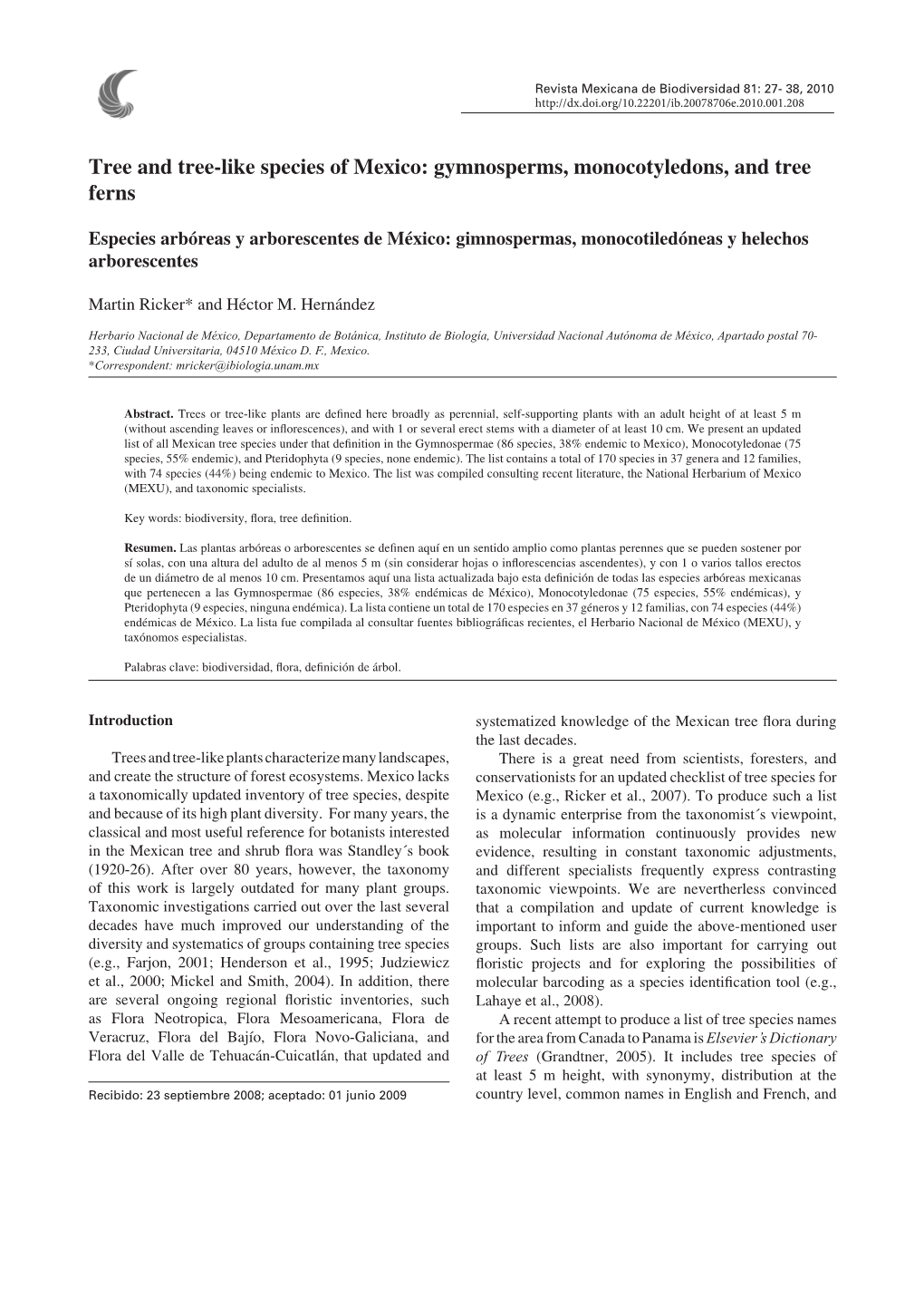 Tree and Tree-Like Species of Mexico: Gymnosperms, Monocotyledons, and Tree Ferns