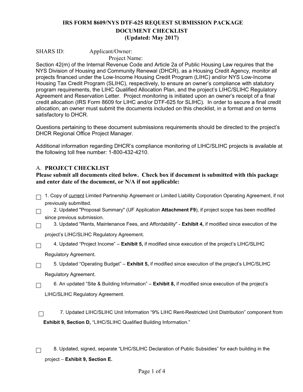 Irs Form 8609/Nys Dtf-625 Request Submission Package