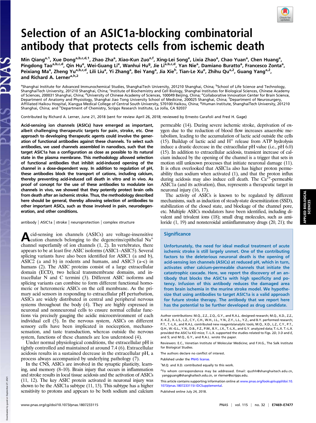 Selection of an Asic1a-Blocking Combinatorial Antibody That Protects Cells from Ischemic Death