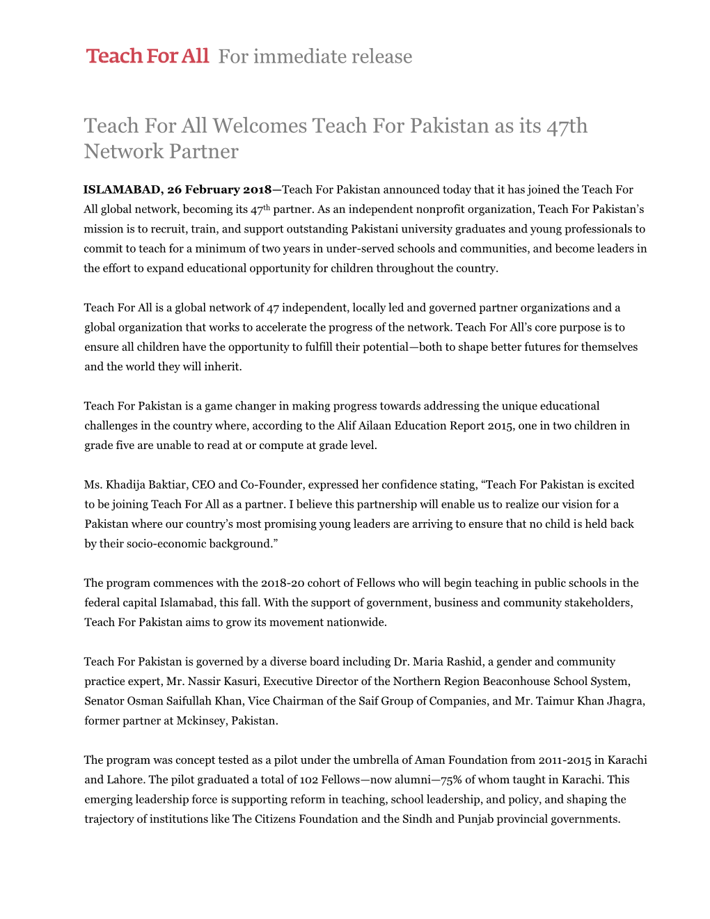 Teach for All Welcomes Teach for Pakistan As Its 47Th Network Partner