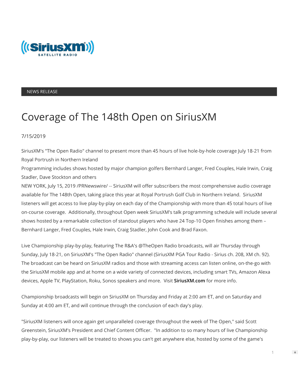 Coverage of the 148Th Open on Siriusxm