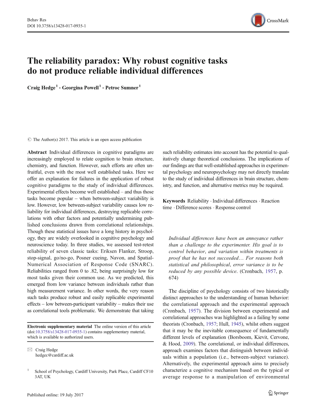 Why Robust Cognitive Tasks Do Not Produce Reliable Individual Differences