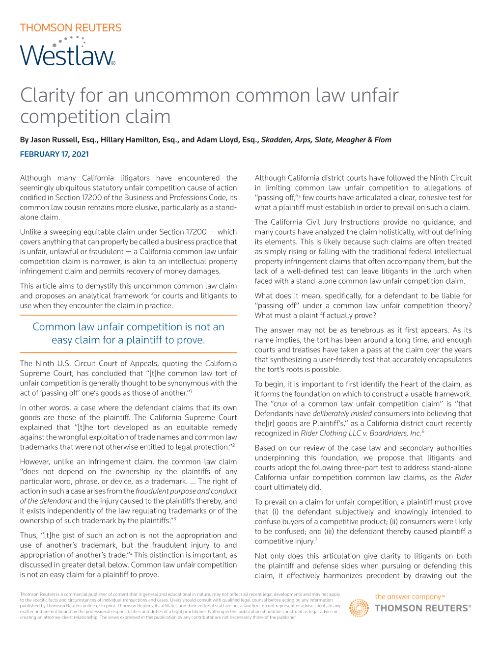 Clarity for an Uncommon Common Law Unfair Competition Claim