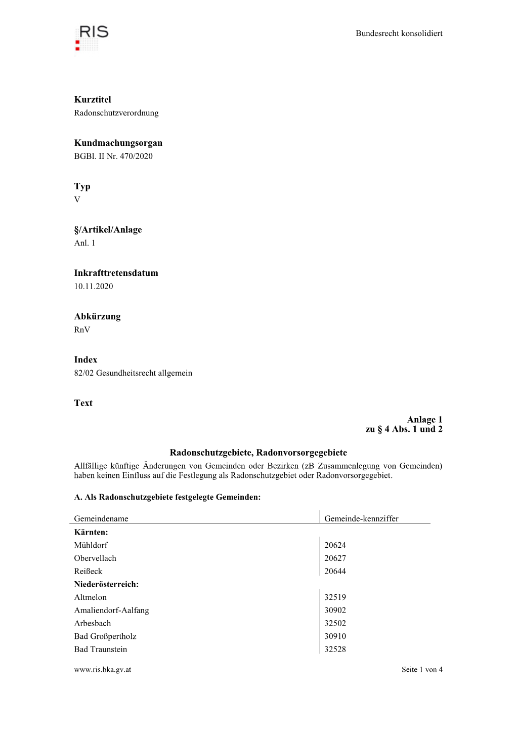 Radonschutzvo Anlage 1 Gebiete