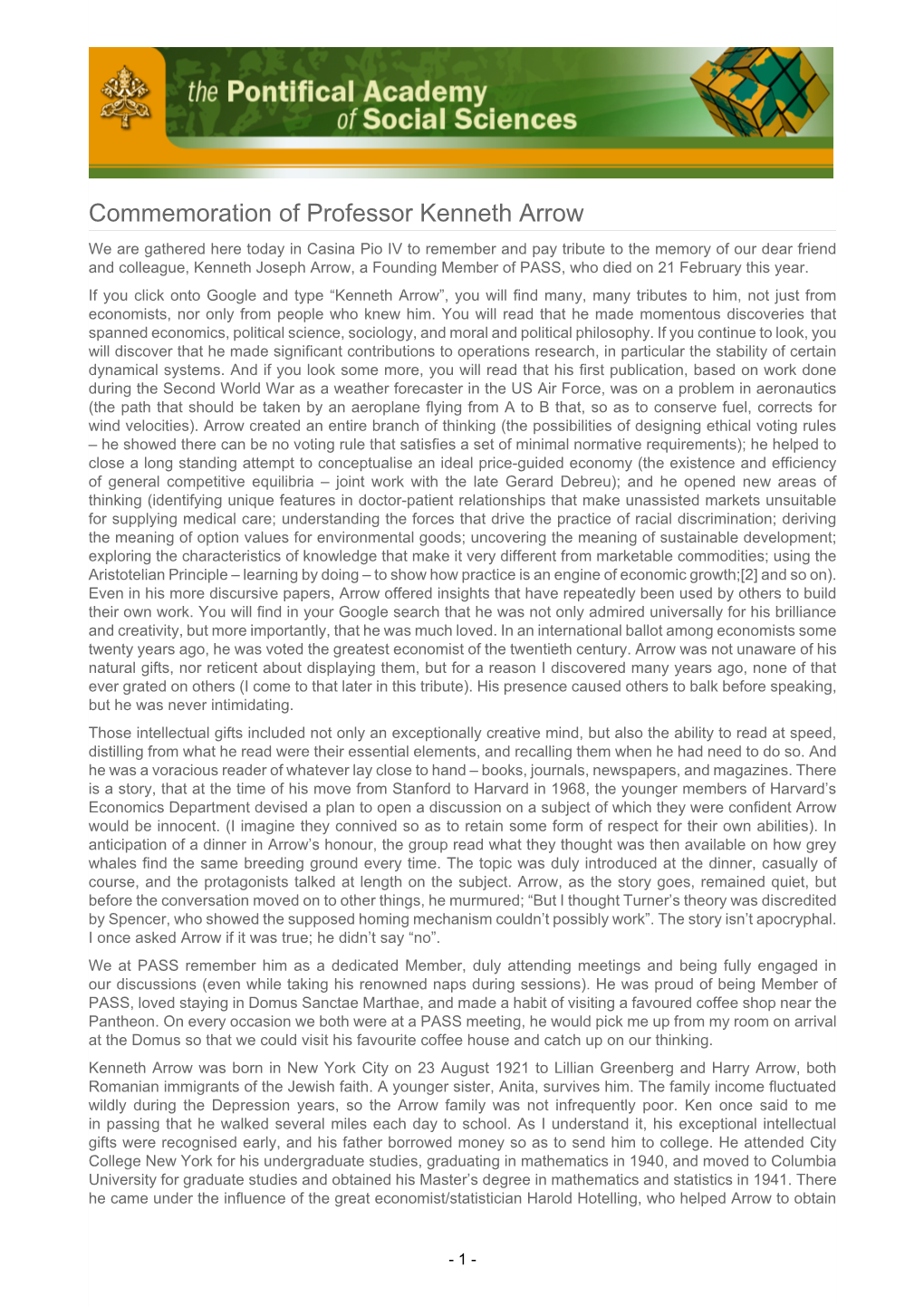 Commemoration of Professor Kenneth Arrow