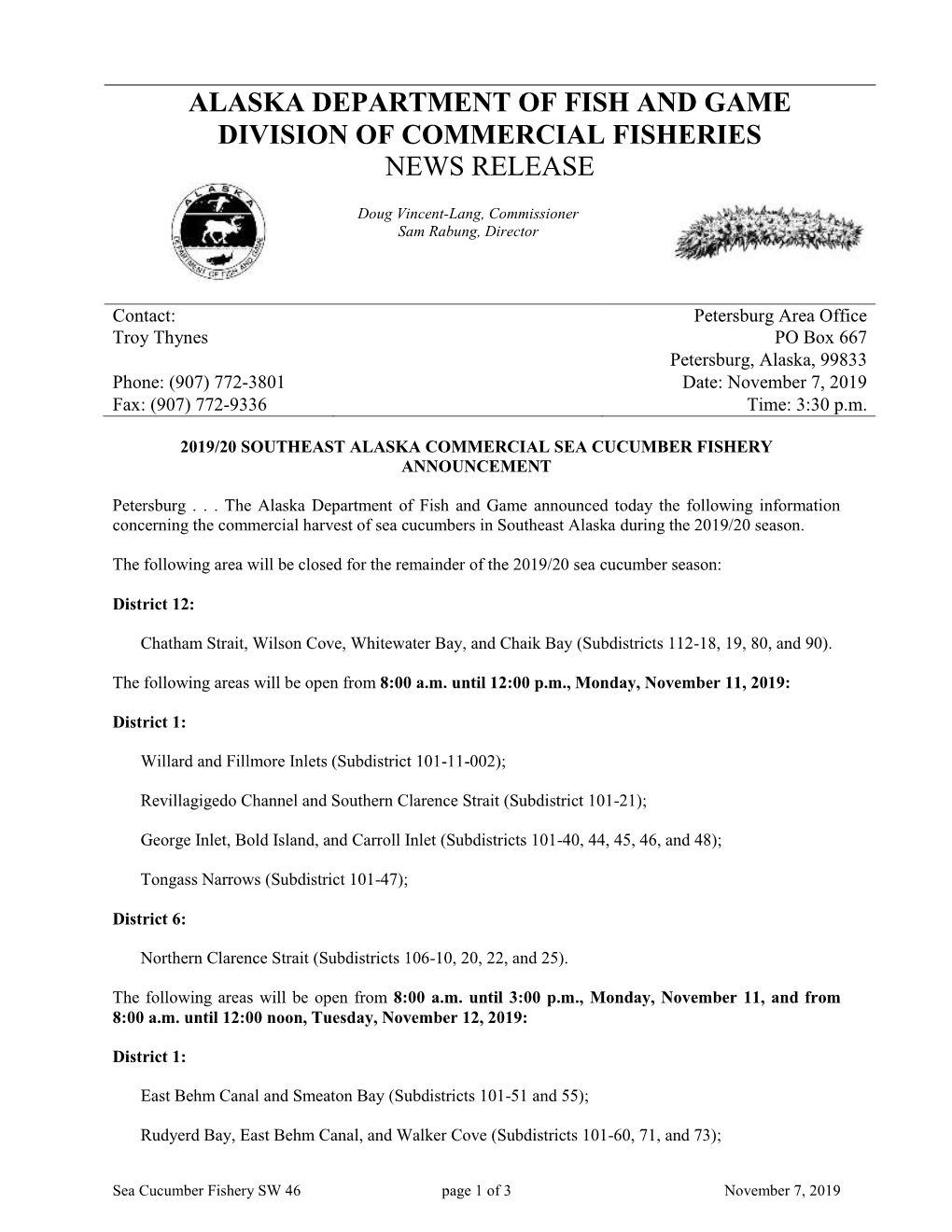 Alaska Department of Fish and Game Division of Commercial Fisheries News Release