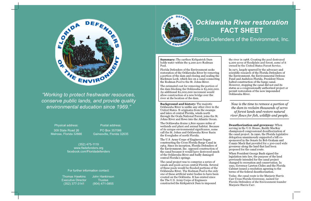 Ocklawaha River Restoration FACT SHEET Florida Defenders of the Environment, Inc