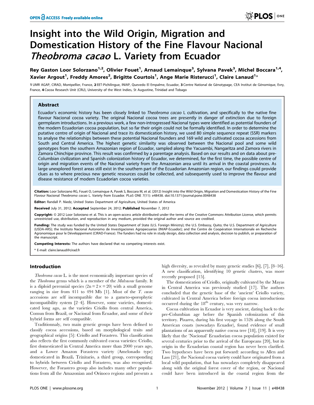 Insight Into the Wild Origin, Migration and Domestication History of the Fine Flavour Nacional Theobroma Cacao L