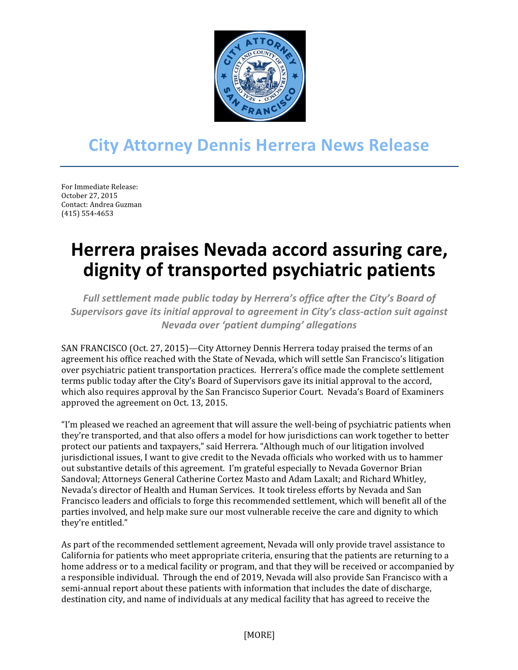 Herrera Praises Nevada Accord Assuring Care, Dignity of Transported Psychiatric Patients