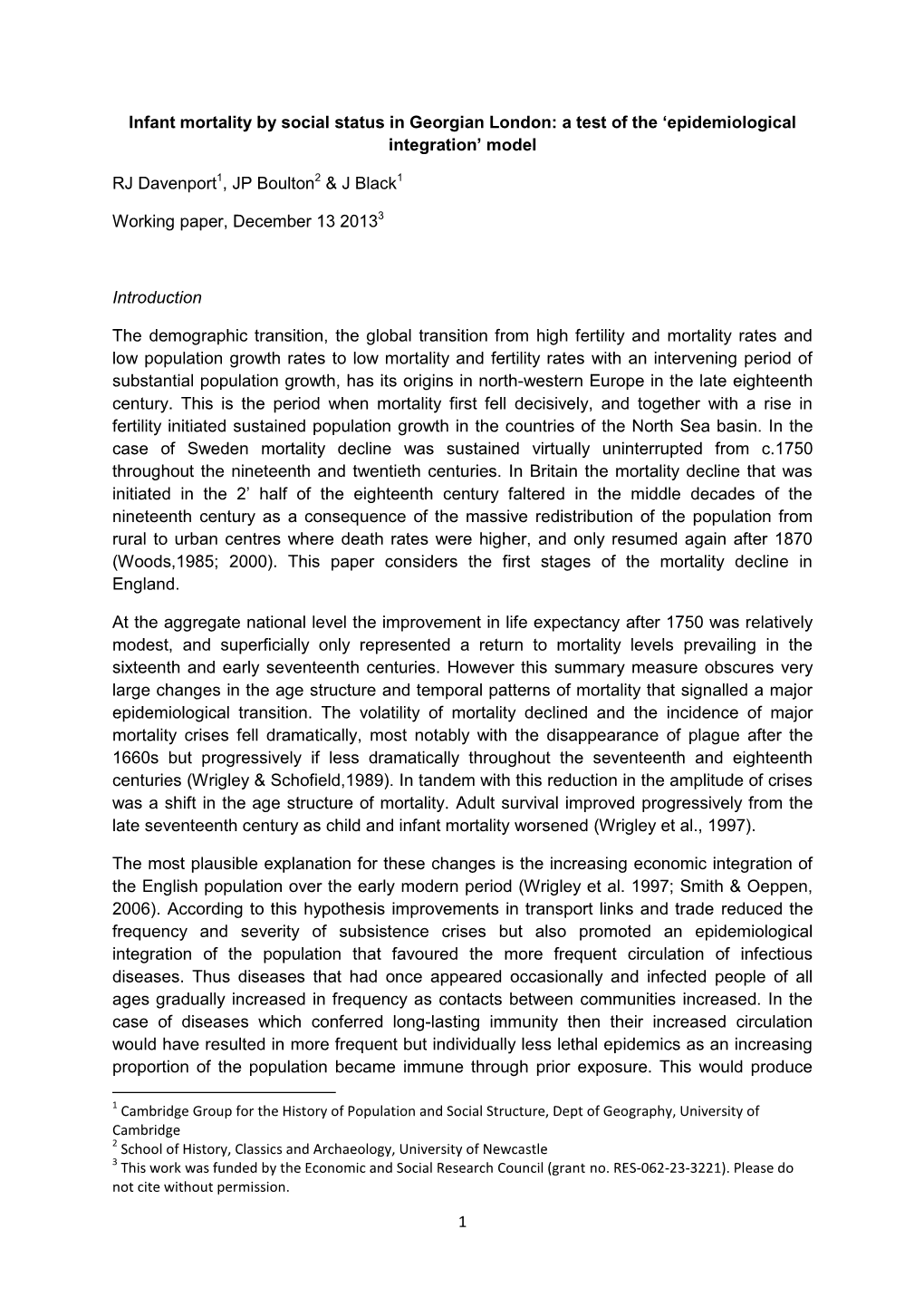 1 Infant Mortality by Social Status in Georgian London: a Test Of