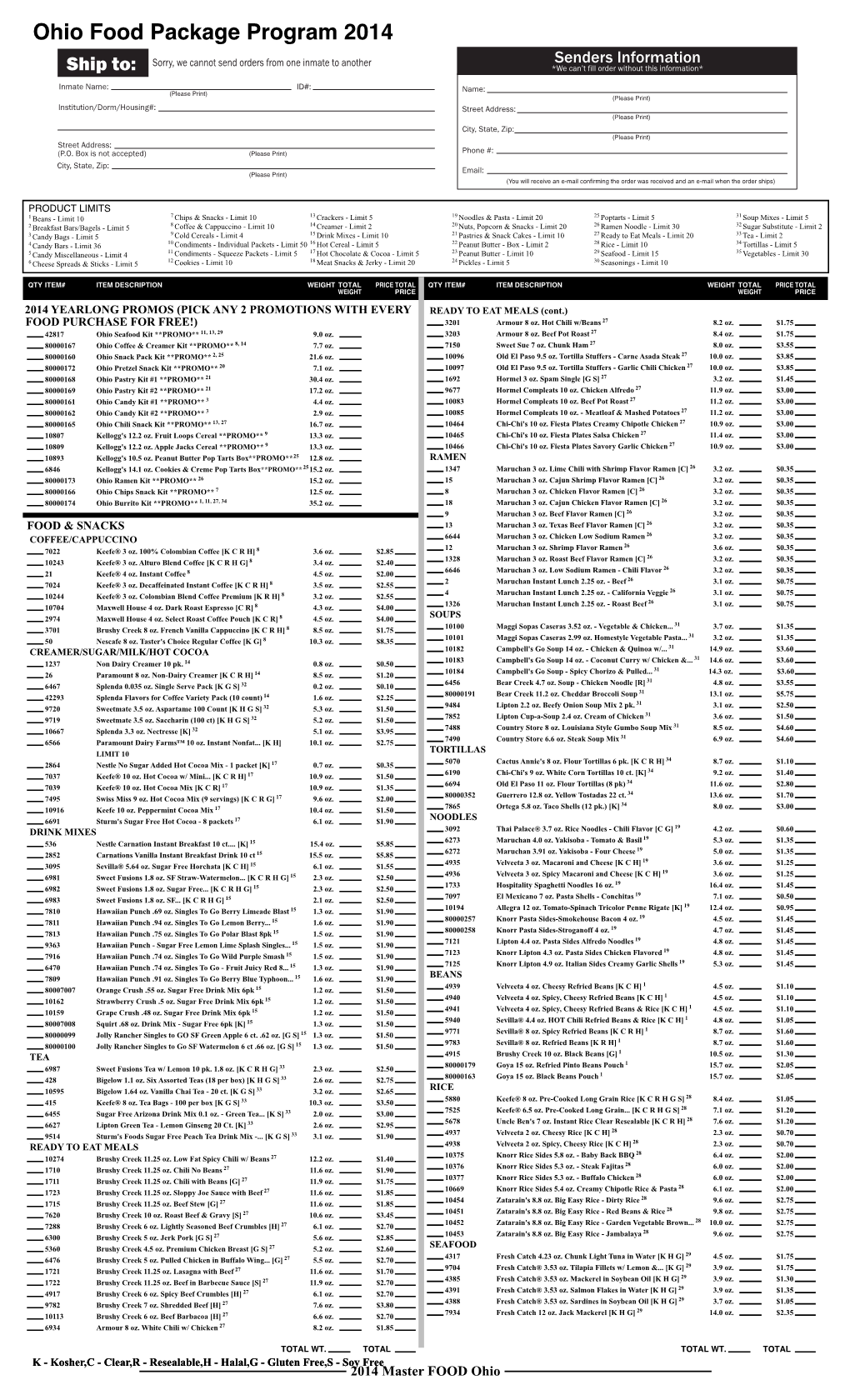 2014 Master FOOD Ohio QTY ITEM# ITEM DESCRIPTION WEIGHT TOTAL PRICE TOTAL QTY ITEM# ITEM DESCRIPTION WEIGHT TOTAL PRICE TOTAL WEIGHT PRICE WEIGHT PRICE