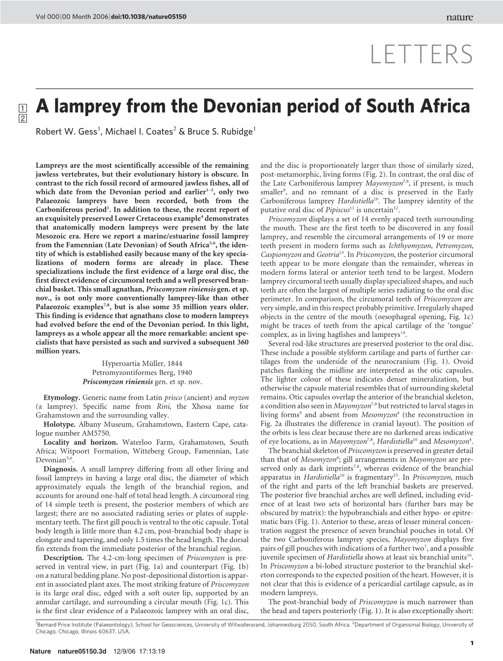 A Lamprey from the Devonian Period of South Africa