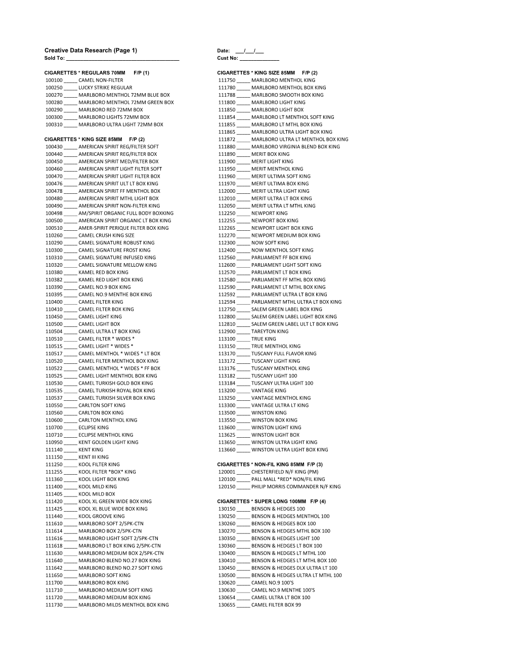 Creative Data Research (Page 1) Date: ___/___/___ Sold To: ______Cust No: ______